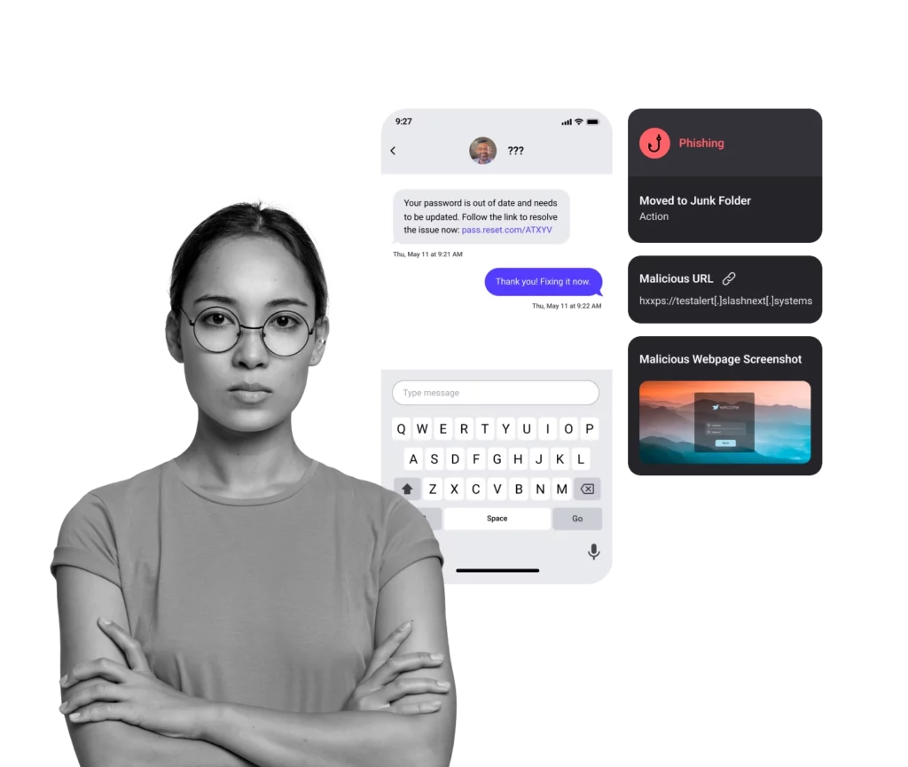 Woman beside phone displaying phishing warning message